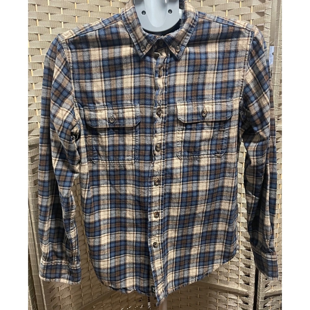 Outdoor Life Mens Blue Brown Plaid Flannel Button Down Shirt Small 100% Cotton